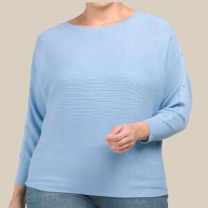 T Tahari Women's Plus Light Blue Snap Detail Sleeve Ribbed Sweater Size 2X